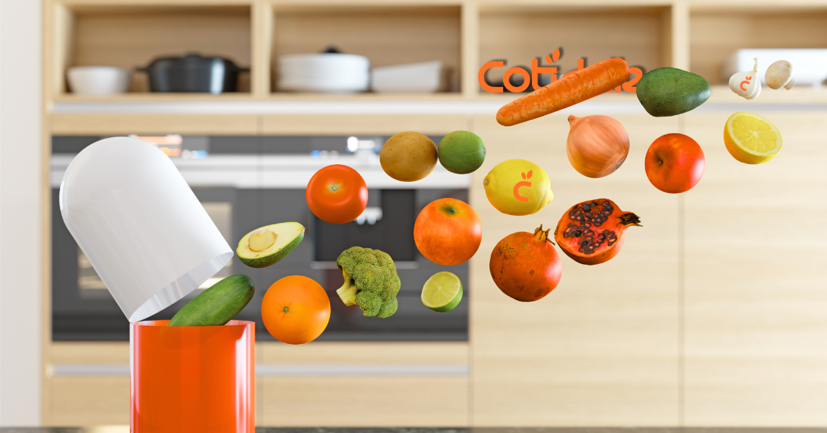 fruits and vegetables are  goint into capsule. Multivitamin for women's health