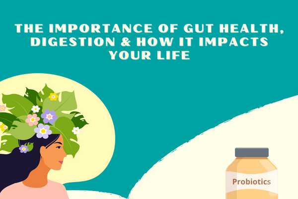 Cotidelle branded colors  with the text The importance of gut health,digestion & how it impacts your life.On the lefts side a caroon women with some green leaves on top and on the lright side a bottle of probiotics for women