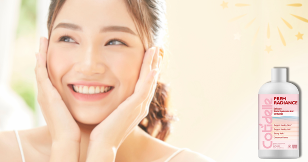 Flat lay of Cotidelle beauty supplements with collagen, biotin, and natural ingredients