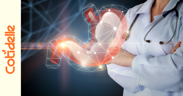 Cotidelle probiotics bottle on a clean counter next to a woman with a relaxed stomach