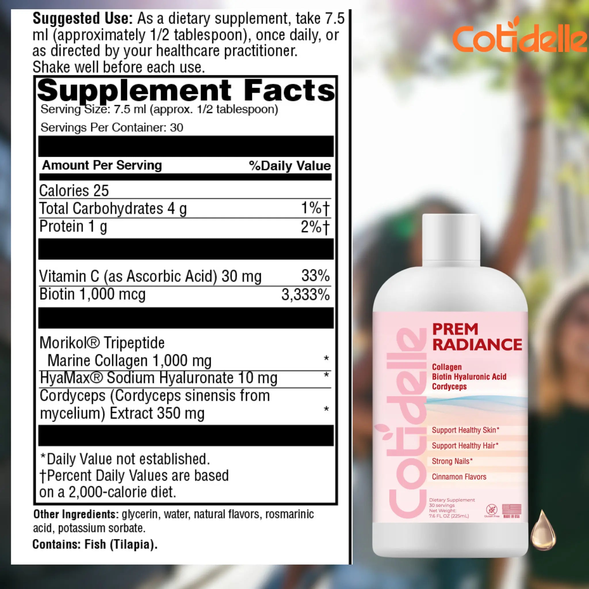 Supplement facts for Prem Radiance with Collagen and Biotin and Cordyceps