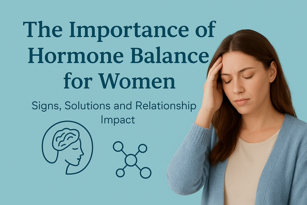 Educational blog graphic on the importance of hormone balance for women, featuring a calm teal background, headline text, hormone-related icons, and a thoughtful woman holding her head to illustrate hormonal health issues