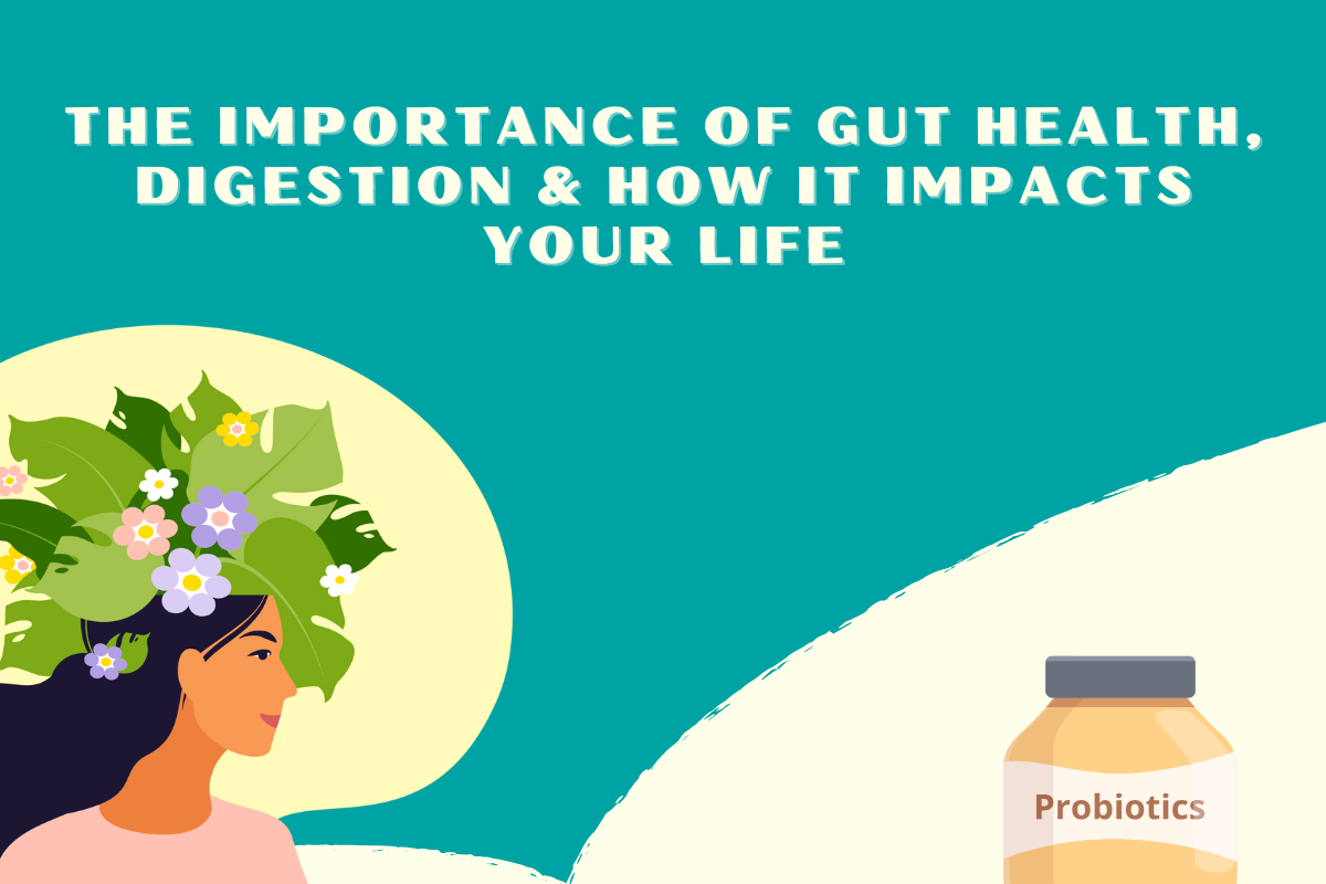 Cotidelle branded colors  with the text The importance of gut health,digestion & how it impacts your life.On the lefts side a caroon women with some green leaves on top and on the lright side a bottle of probiotics for women