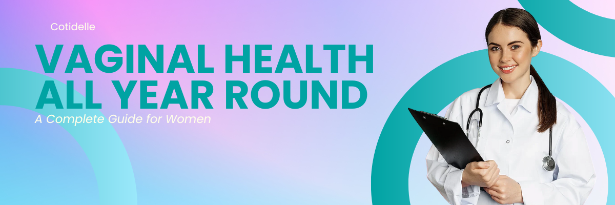 a doctor smiliing ,holding a map and the text vaginal health all year round