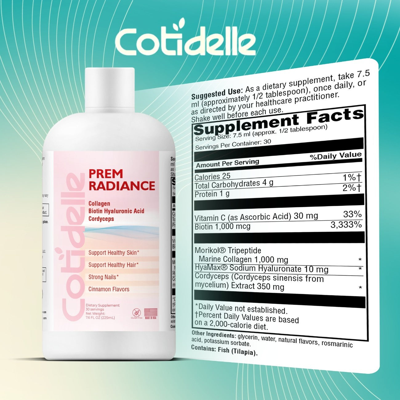 Prem Radiance A Liquid Dietary Supplement to Support Healthy Skin with Marine Collagen,Biotin ,Hyaluronic Acid and Cordycepts