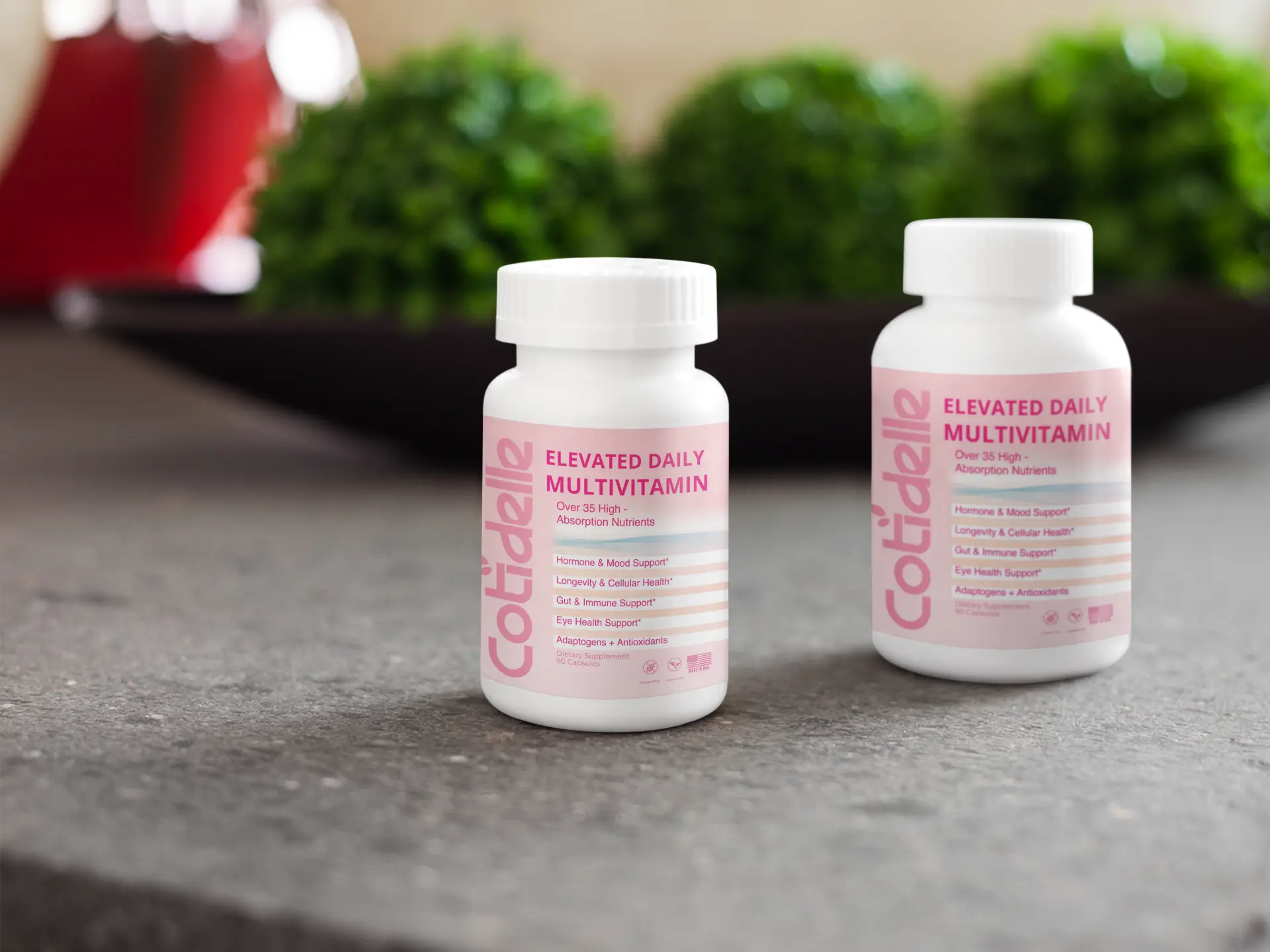 two bottles of multivitamins for women on a blurred backgorund