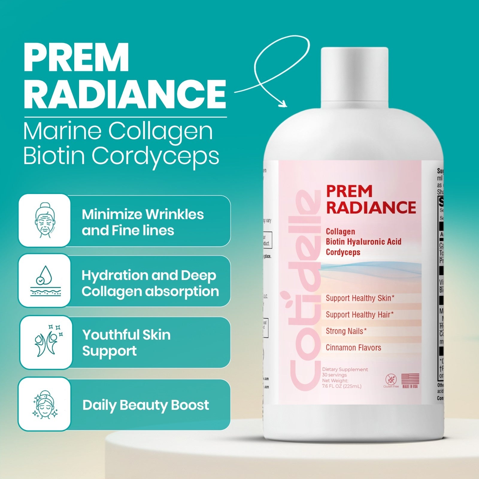 Prem Radiance A Liquid Dietary Supplement to Support Healthy Skin with Marine Collagen,Biotin ,Hyaluronic Acid and Cordycepts